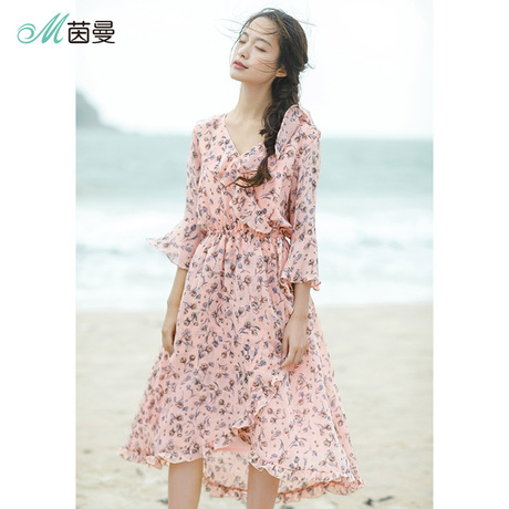 茵曼旗舰店女装裙子2018夏季新碎花时尚淑女甜美气质雪纺连衣裙商品大图