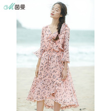 茵曼旗舰店女装裙子2018夏季新碎花时尚淑女甜美气质雪纺连衣裙图片