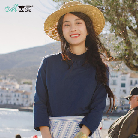 茵曼旗舰店2018春秋新款韩范半高领白色七分袖T恤女打底小衫上衣商品大图