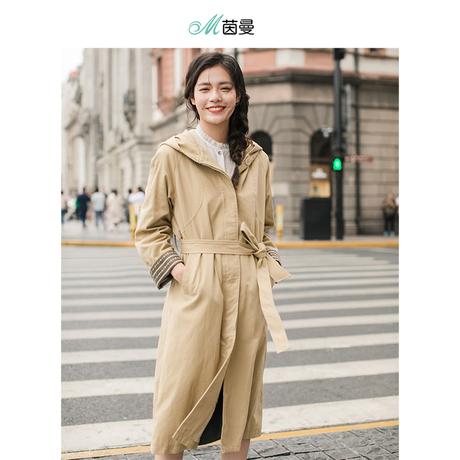 茵曼2018秋装新款休闲棉质连帽宽松配腰带长袖风衣女1883061246商品大图