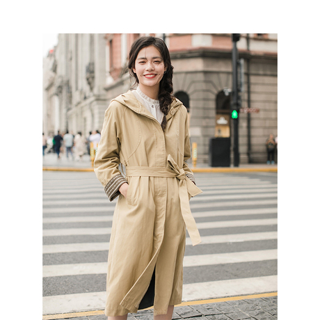 茵曼旗舰店 2018秋装新款女装休闲棉质连帽宽松配腰带风衣女外套商品大图