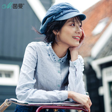 茵曼旗舰店2018春秋新款印花圆角翻领亚麻棉衬衣上衣女士长袖衬衫图片