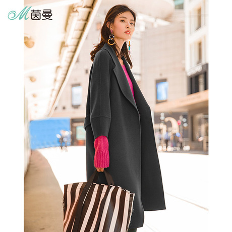 茵曼2018秋冬新款时尚腰带翻领高级灰宽松100%羊毛大衣女毛呢外套商品大图