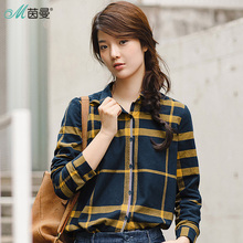 茵曼旗舰店2018春秋新款韩版格子条纹长袖衬衫女纯棉衬衣休闲上衣图片