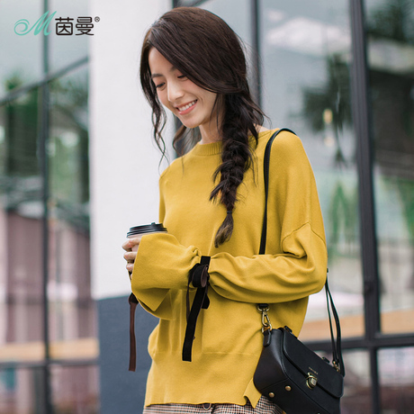 茵曼旗舰店2018春秋新款套头圆领袖口撞色系带文艺针织衫女毛衣潮商品大图