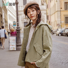 茵曼2018秋装新款连帽落肩宽松休闲外搭长袖短款外套女军绿色夹克图片