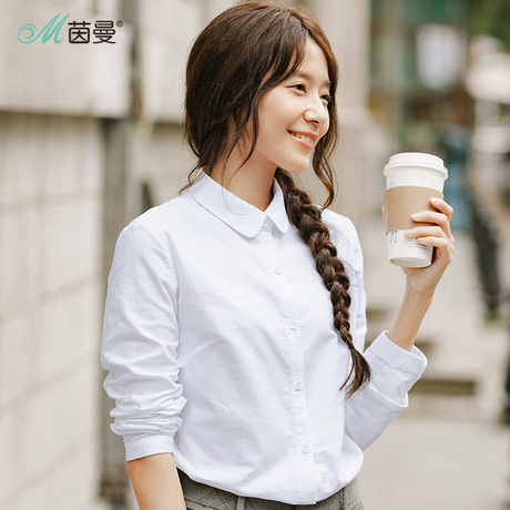 茵曼2018春秋新款韩版宽松纯棉polo领文艺职业白衬衫女长袖衬衣寸商品大图