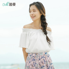 茵曼2018夏装新款淑女白色木耳边性感露肩一字领宽袖雪纺衫女套头图片