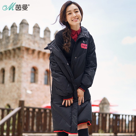 茵曼旗舰店2018冬装新款连帽印花韩版长款大码羽绒服女士加厚外套商品大图