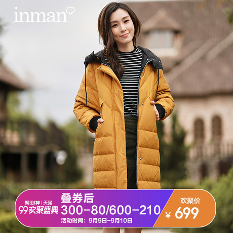 茵曼2017冬装新款连帽宽松长款防风保暖鸭绒羽绒服女1874121070商品大图