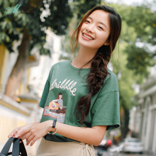 茵曼2018夏装新款韩版圆领印绣花百搭落肩短袖T恤女宽松半袖上衣图片