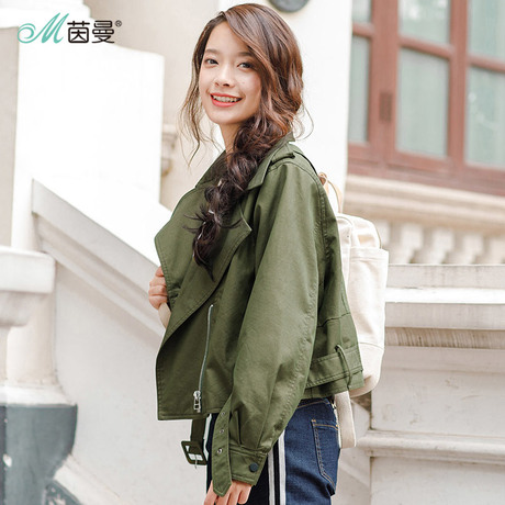 茵曼2018春装新款时尚复古军绿色翻领配腰带短外套女F1881042608商品大图