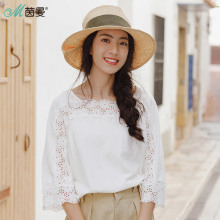 茵曼旗舰店2018春秋新款韩版宽松蕾丝七分袖T恤女士纯棉小衫上衣图片
