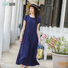 茵曼女装裙子2018新款夏纯色休闲百搭收腰系带显瘦A字短袖连衣裙图片
