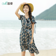 茵曼旗舰店女装裙子2018夏季新碎花时尚淑女气质雪纺连衣裙中长裙图片