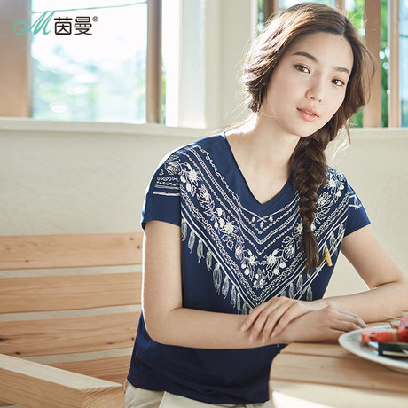 茵曼2018夏装新款文艺绣花流苏宽松大码胖mm短袖T恤女士半袖上衣商品大图