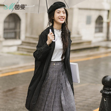 茵曼旗舰店2018秋装新款女装西装领双排扣宽松风衣外套女装中长款图片