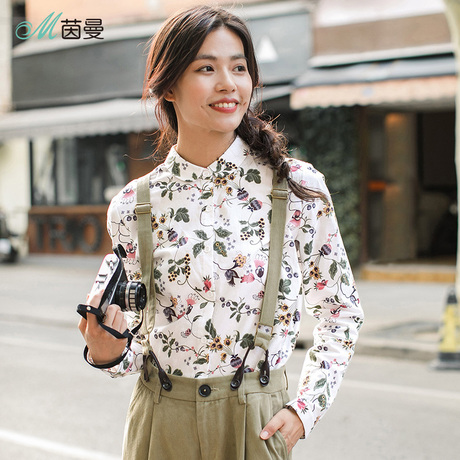茵曼2018秋装新款初秋棉质优雅印花翻领宽松长袖衬衣女百搭衬衣商品大图