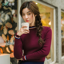 茵曼旗舰店秋新款木耳边小立领修身显瘦套头毛衣女弹力打底针织衫图片