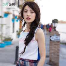 茵曼旗舰店2018夏装新款棉质船领印花撞色宽松背心无袖T恤女上衣图片