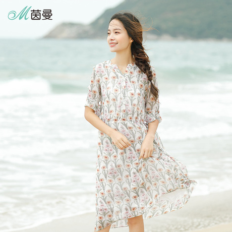 茵曼旗舰店2018夏装新款V领雪纺印花系带喇叭袖宽松连衣裙女裙子商品大图