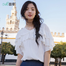 茵曼旗舰店2018夏装新款女装V领套头橡筋腰宽松雪纺衫衬衣女白色图片