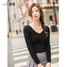 茵曼旗舰店2018秋装新款女装深V领修身大码优雅套头毛衣女针织衫图片