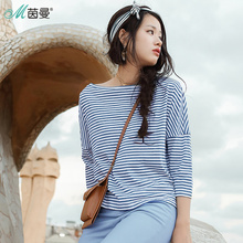 茵曼2018春秋新款韩版大码胖mm宽松条纹T恤女士纯棉短款小衫上衣图片