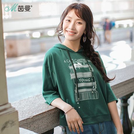 茵曼旗舰店连帽宽松印花七分落肩袖卫衣2018秋装新款套头衫女外套商品大图