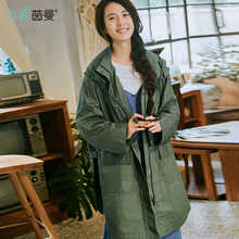 茵曼旗舰店2018秋装新款连帽净色纯棉落肩袖中长款风衣外套女上衣图片