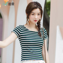 茵曼旗舰店2018夏装新款花边圆领条纹休闲百搭宽松短袖T恤女上衣图片