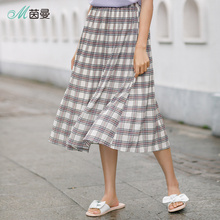 茵曼旗舰店2018夏装新款橡筋腰经典复古格纹皱褶半身中裙女雪纺裙图片