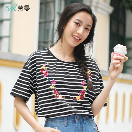 茵曼旗舰店2018夏装新款圆领绣花黑白条纹宽松短袖T恤女百搭上衣商品大图