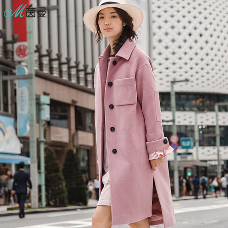 茵曼旗舰店2018冬装新款中长款净色翻领落肩袖保暖毛呢外套女大衣商品大图