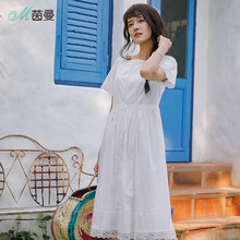 茵曼2018新款纯棉一字领拼接花边收腰中长裙连衣裙夏甜美公主裙图片