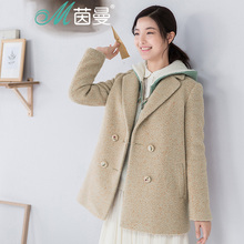 特茵曼女装冬装新款简约提花双排扣呢外套绣花纽扣大衣1864322556图片