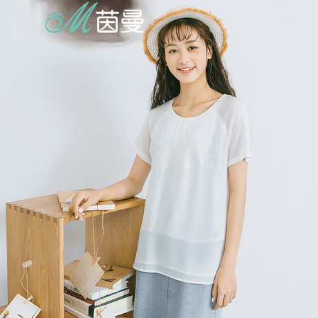 茵曼 女夏新款百搭文艺范白色绣花套头短袖雪纺衫1862293613商品大图