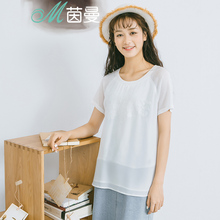 茵曼 女夏新款百搭文艺范白色绣花套头短袖雪纺衫1862293613图片