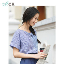 茵曼旗舰店2018夏装新款全棉V领格子百搭宽松短袖衬衣衬衫女上衣图片