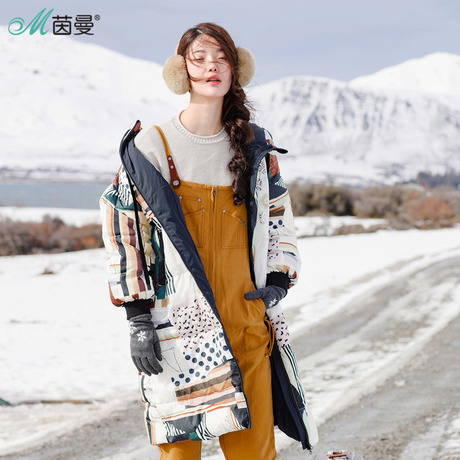 茵曼旗舰店长款羽绒服2018冬装新款连帽印花过膝加厚羽绒服女外套商品大图