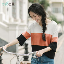 茵曼旗舰店2018秋装新款圆领拼色宽松休闲百搭中袖针织衫女上衣图片