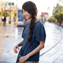 茵曼旗舰店2018新款夏装全棉弧度收腰细褶显瘦泡泡袖t恤短袖上衣图片