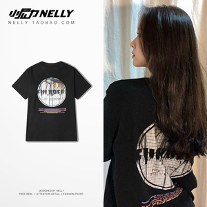 韩国国潮五分袖街头嘻哈HIP-HOP橙色短袖男女潮牌OVERSIZE情侣T恤