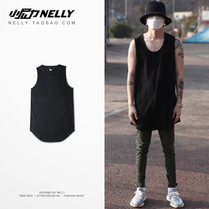 潮牌高街欧美纯棉大白色方圆弧下摆立体加长男女情侣打底衫背心