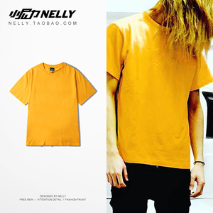2019黄色短袖T恤宽松显瘦简约纯色打底衫男女棉质学生体恤夏季
