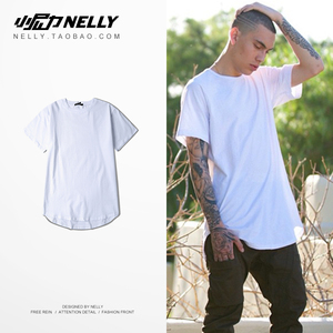 高街纯色打底圆弧下摆加长款短袖TEE男女T恤半袖中袖暗黑体恤