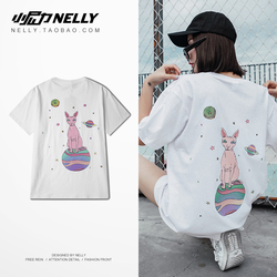 夏季男士t恤短袖潮男装夏装卡通猫印花半袖学生潮牌t恤圆领衣服t