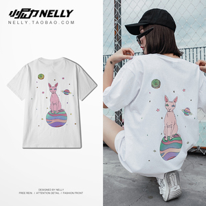 夏季男士t恤短袖潮男装夏装卡通猫印花半袖学生潮牌t恤圆领衣服t