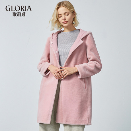 GLORIA/歌莉娅女装2018冬季直身型连帽羊剪绒外套18NE6E9Q0商品大图