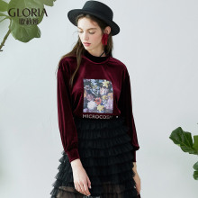 双11预|GLORIA/歌莉娅短款丝绒卫衣半高领长袖上衣17SK0E190图片